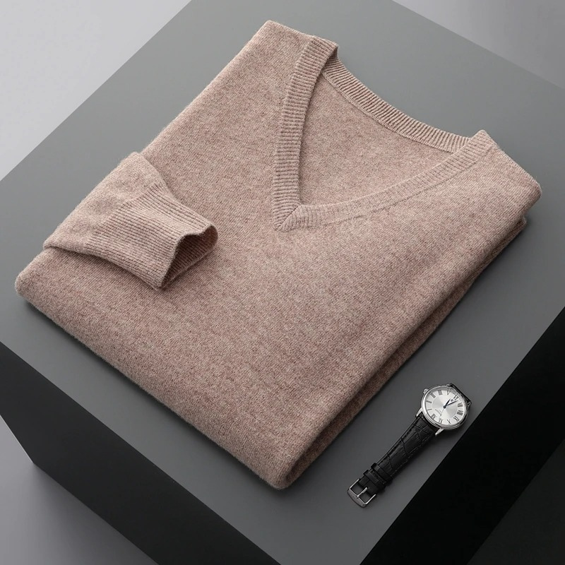 New men's soft V-neck knit sweater, a timeless long sleeve pullover, perfect for all-season comfort.