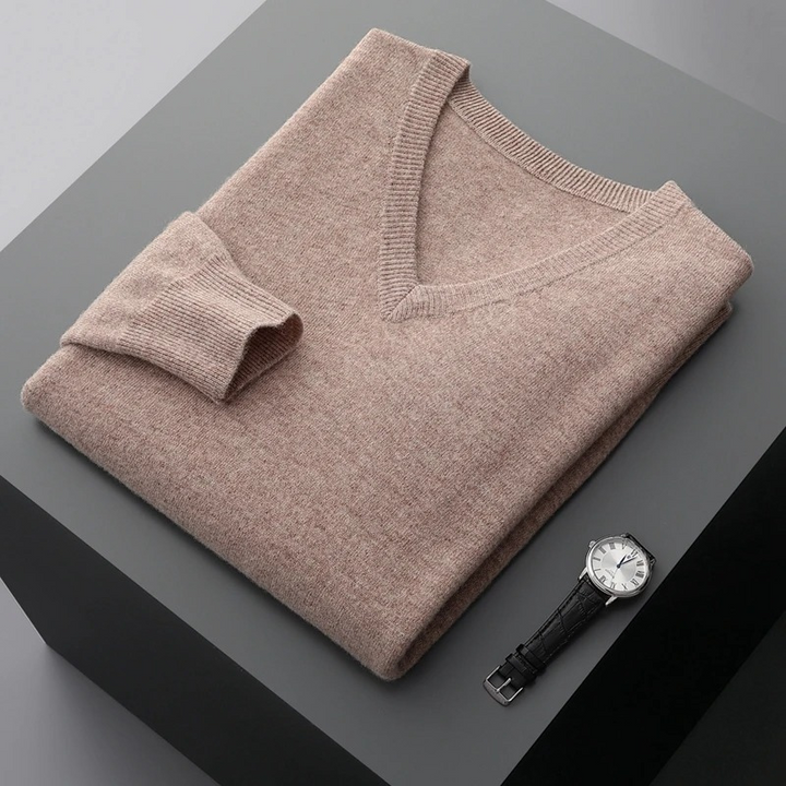 New men's soft V-neck knit sweater, a timeless long sleeve pullover, perfect for all-season comfort.