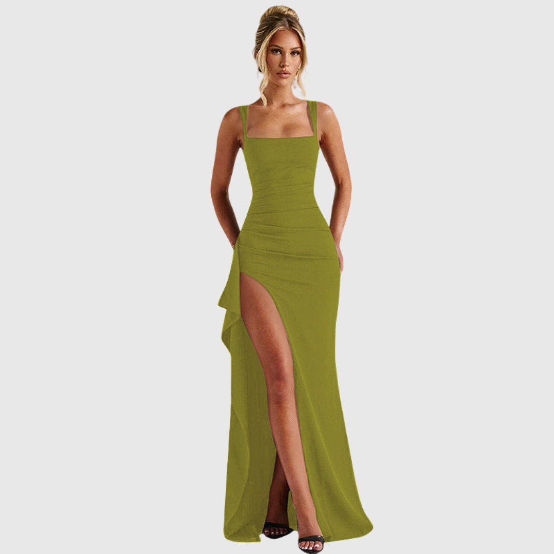 Classic black elegant formal slip maxi dress for women. Sophisticated open back evening gown.