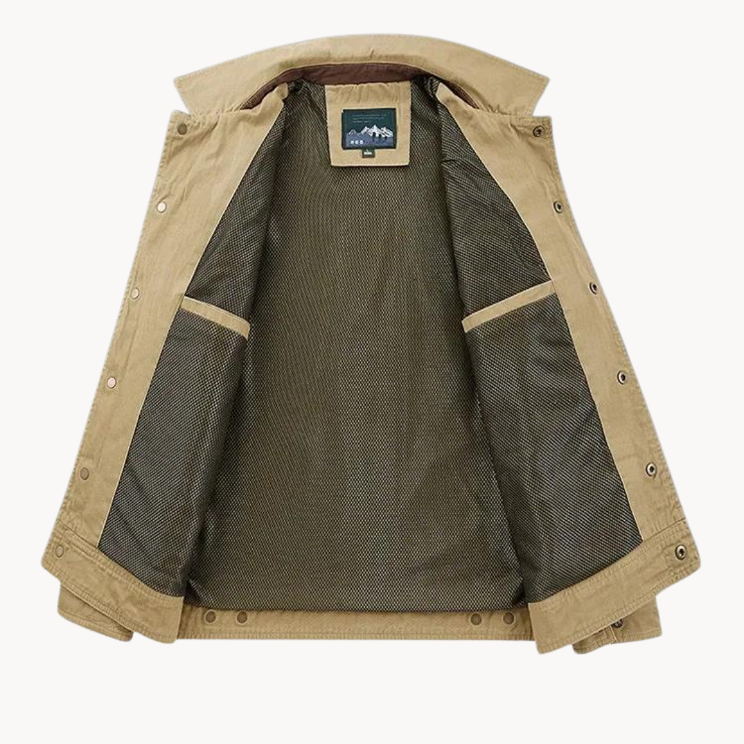 Men's versatile cargo jacket layered over a sweater, showcasing its stylish fall & winter utility.