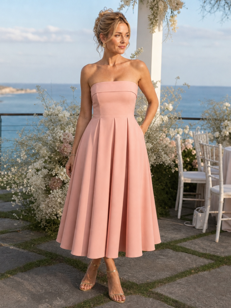 Stylish women's elegant strapless midi dress with a defined structured bodice, ideal for evening events.