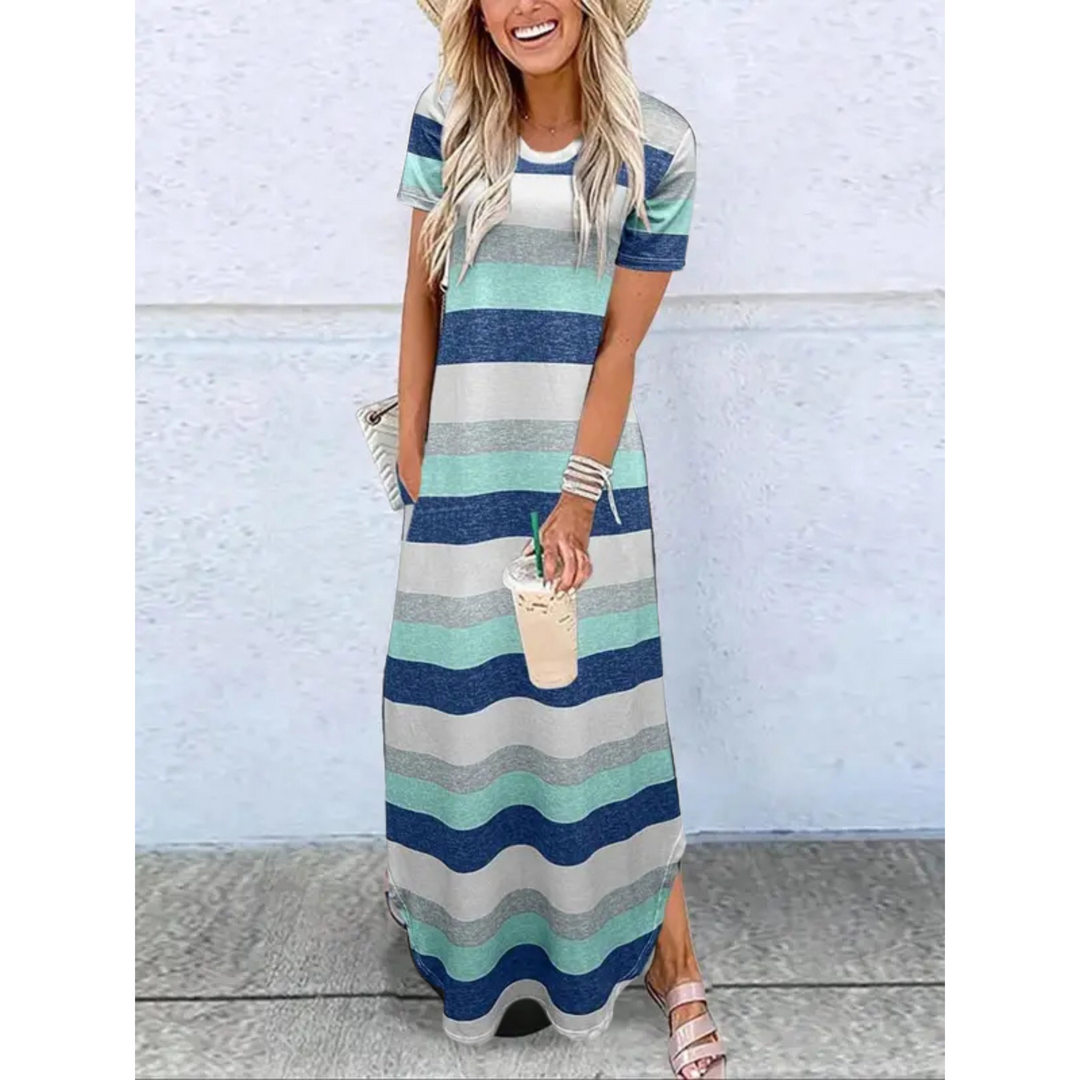 Elegant women's summer casual maxi dress, a relaxed fit with side pockets and a classic round neck.