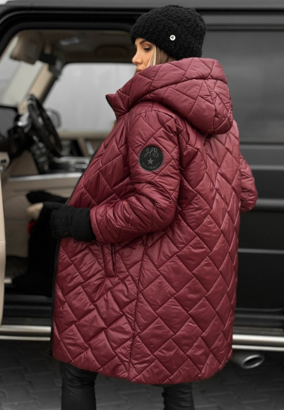 Elegant women's diamond quilted longline jacket with hood, a chic fall & winter outerwear.