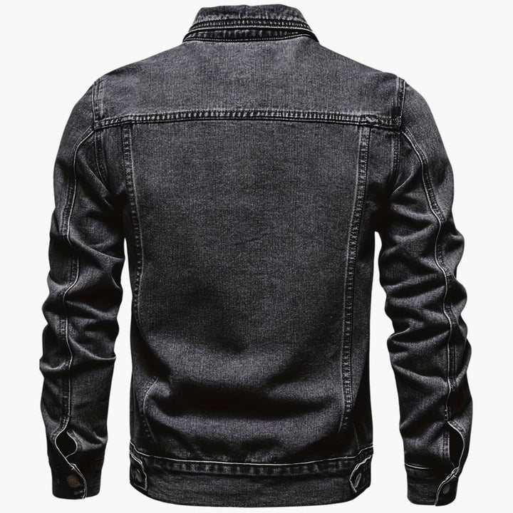 Stylish men's slim-fit blue denim jacket. Classic long-sleeve casual outerwear for versatile everyday fashion.