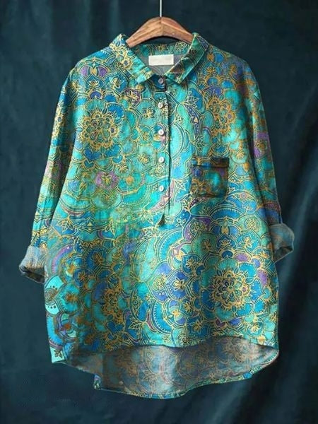 Comfortable relaxed fit women's floral button-up blouse, perfect casual top for summer.