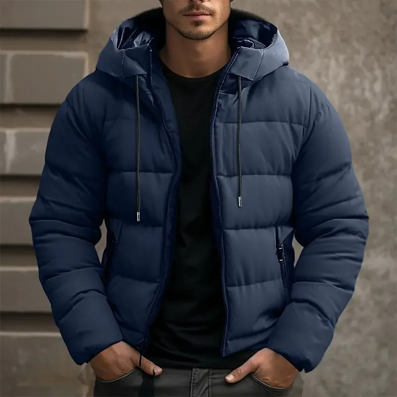 Quilted men's winter jacket with a hood, offering premium warmth & comfort.