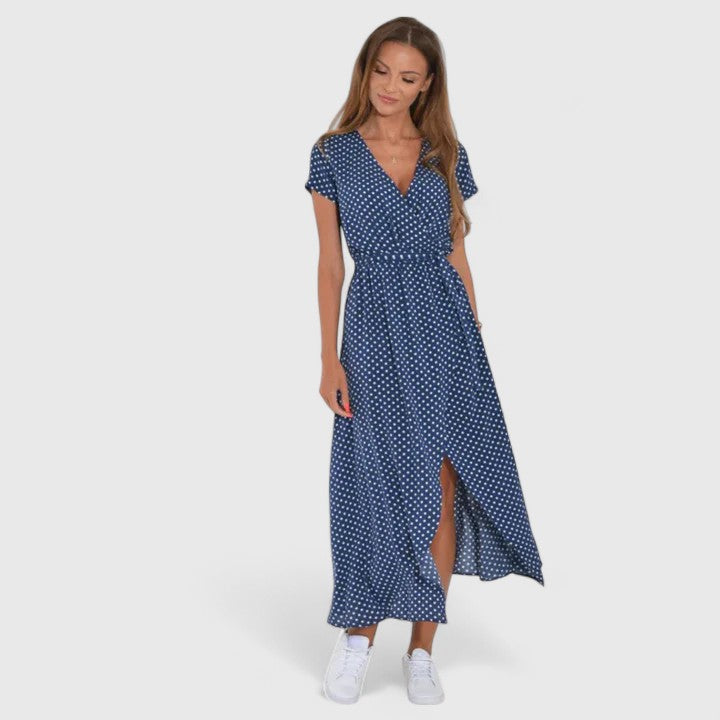 Stylish long wrap midi dress for women, providing an elegant and flattering look for sophisticated events.