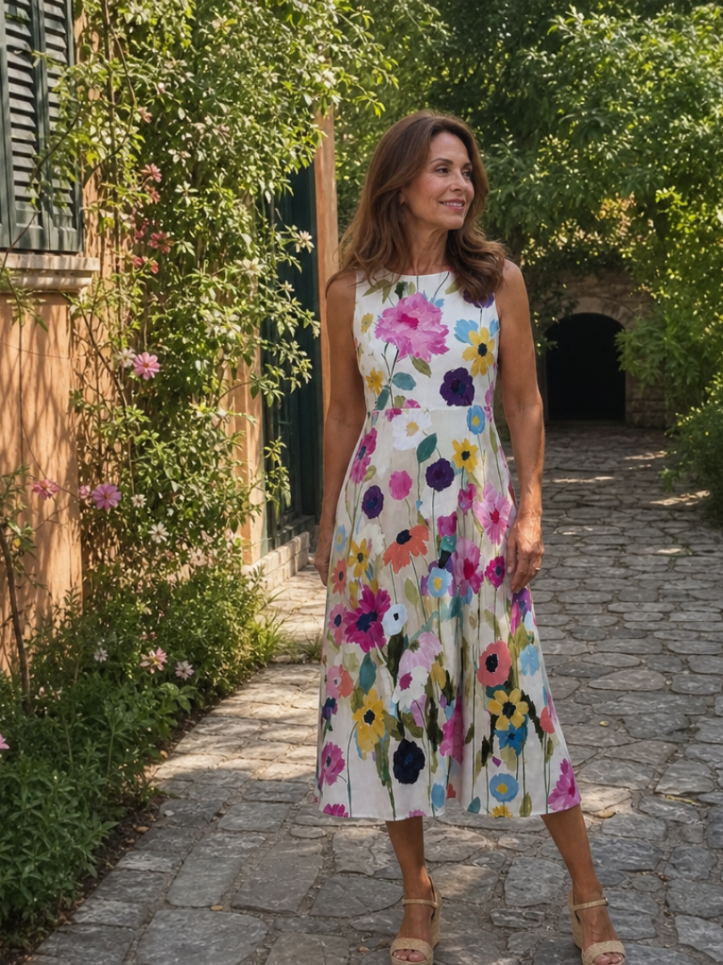 Women's vibrant floral print midi dress, sleeveless and relaxed fit, a must-have for spring and summer.