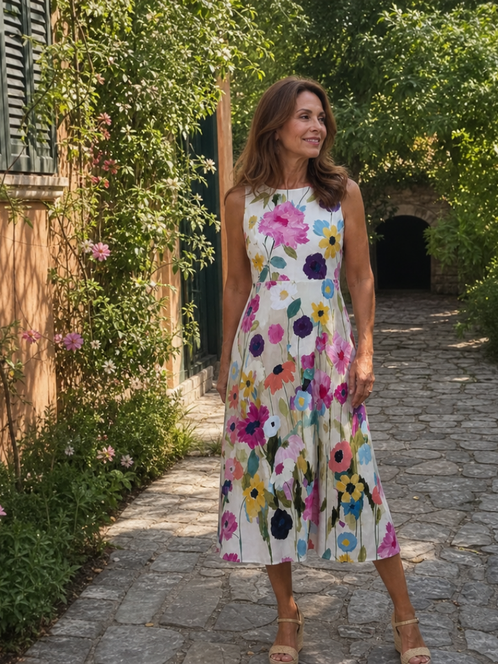 Women's vibrant floral print midi dress, sleeveless and relaxed fit, a must-have for spring and summer.