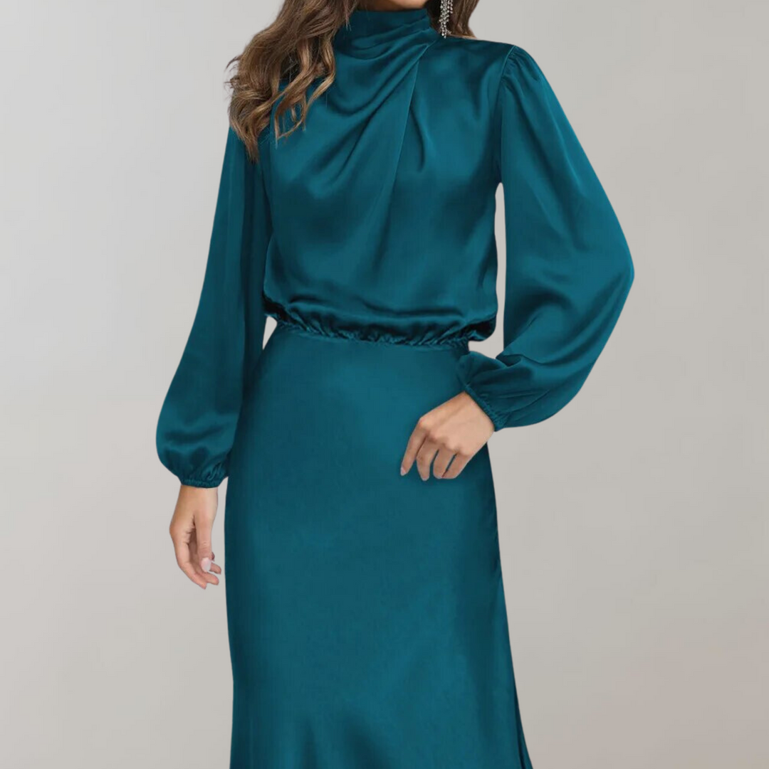 Elegant women's high neck long sleeve midi dress, perfect for sophisticated evening wear & formal occasions.