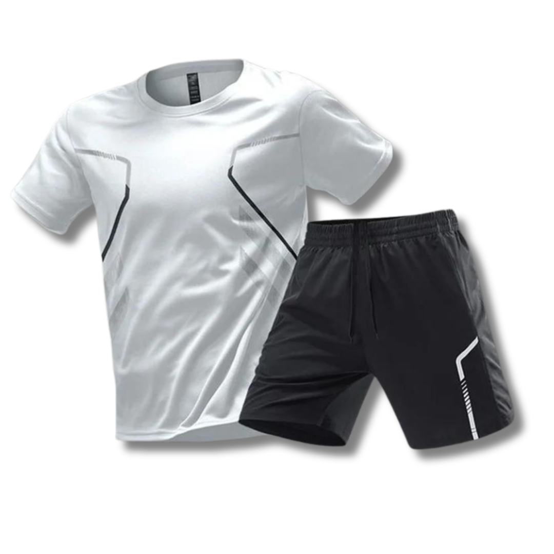 Men's sportswear set in action, demonstrating flexibility and comfort for running & training. Polyester blend activewear.
