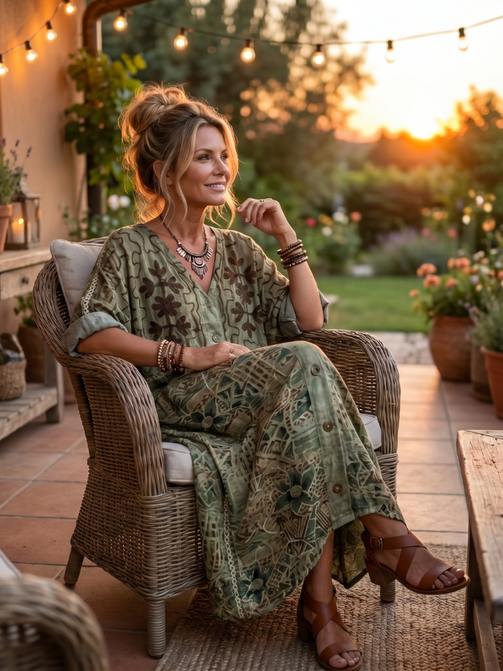 Relaxed fit women's midi dress with detailed embroidery, button front closure, ideal for effortless summer fashion.