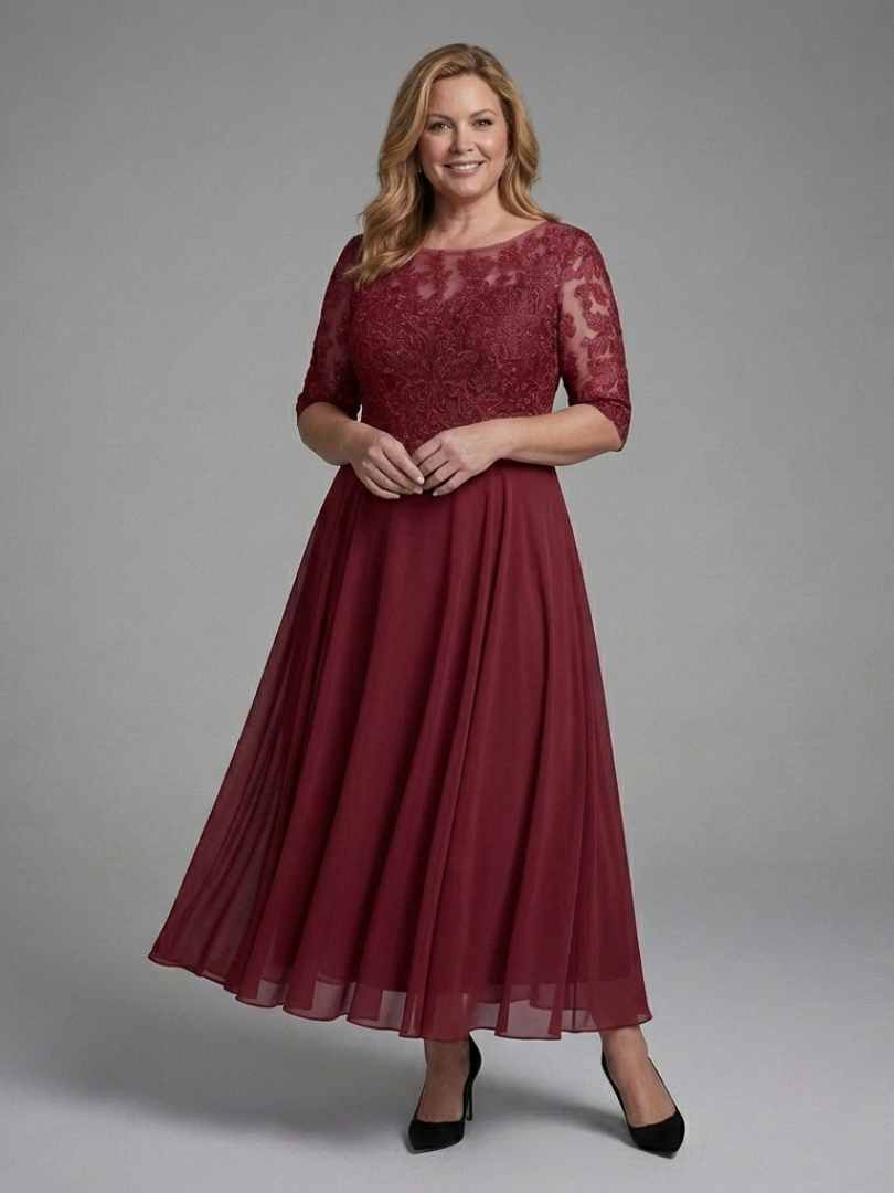 Elegant blue women's midi dress with lace bodice & sheer sleeves. Perfect cocktail, party, or formal dress.