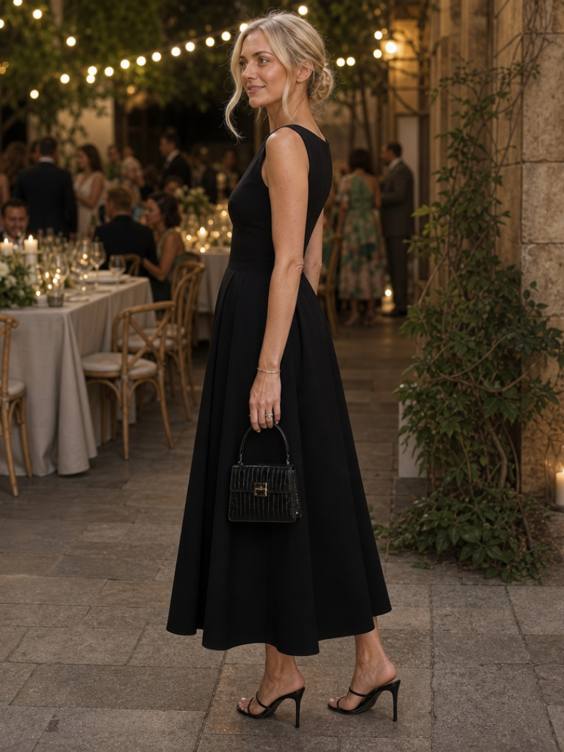 Flattering women's cocktail midi dress. Elegant sleeveless design with a crew neck for sophisticated wear.
