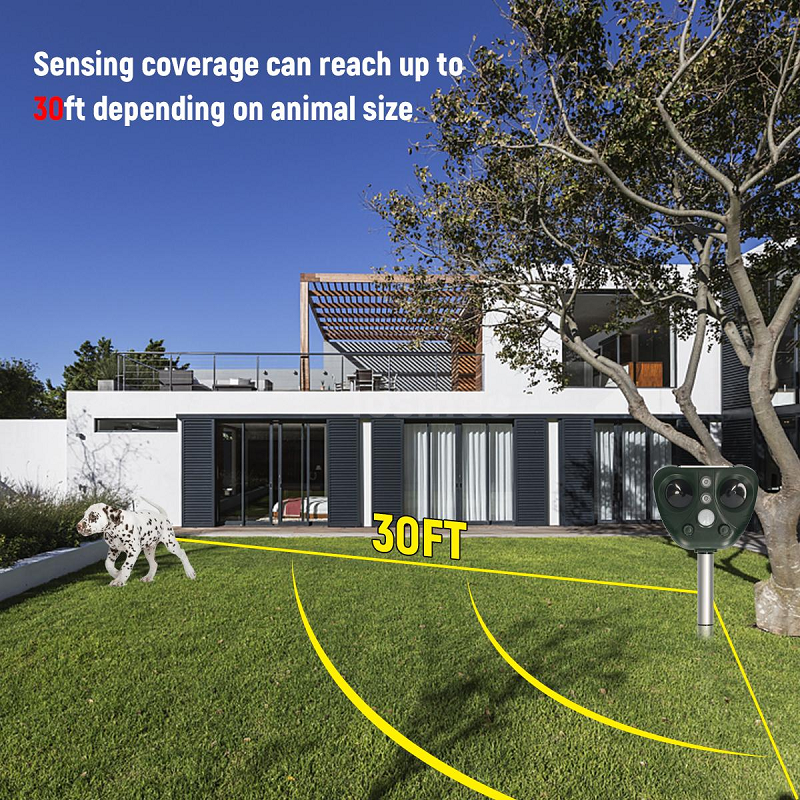 Weatherproof outdoor animal deterrent, wireless solar repeller protects gardens & patios from birds.