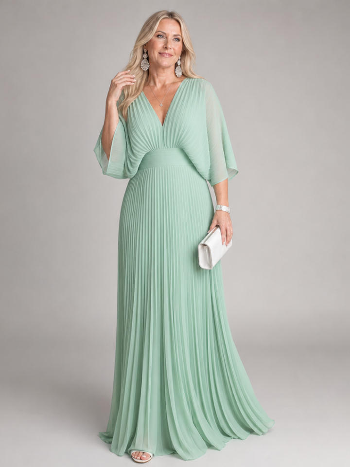 Beautiful V-neck formal maxi gown for women, with elegant long sleeves & sophisticated pleated skirt detail.