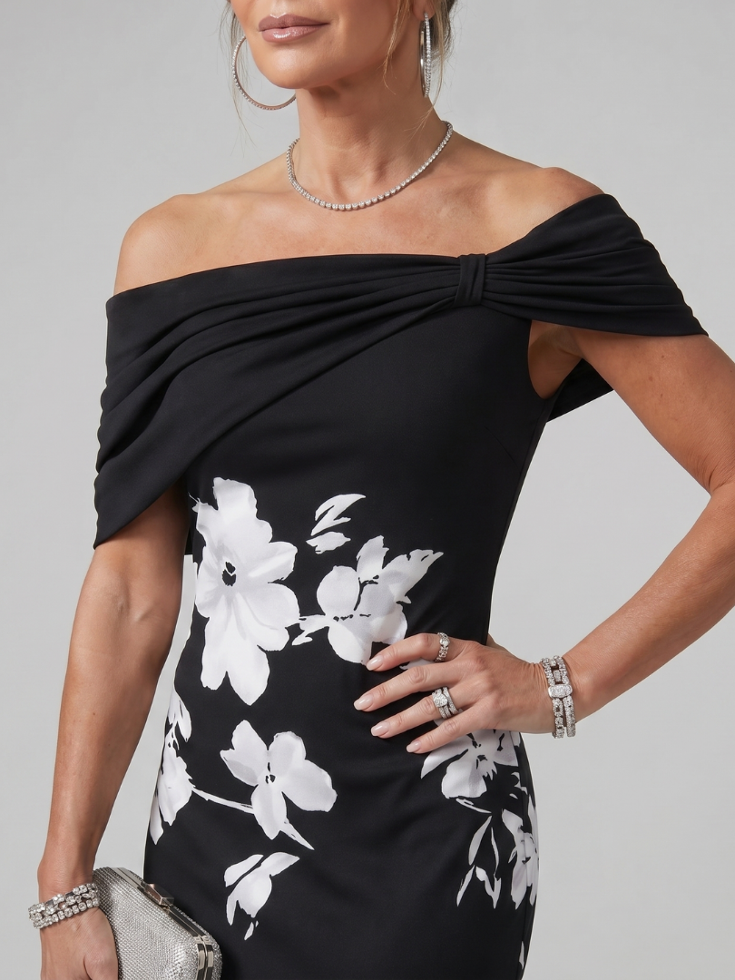Vibrant green off-shoulder midi dress with draped detailing, versatile for cocktail events, parties & formal occasions.
