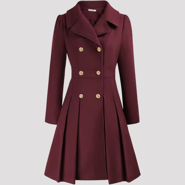 Modern women's long-sleeve tailored coat dress, double-breasted, perfect for a sophisticated formal look.