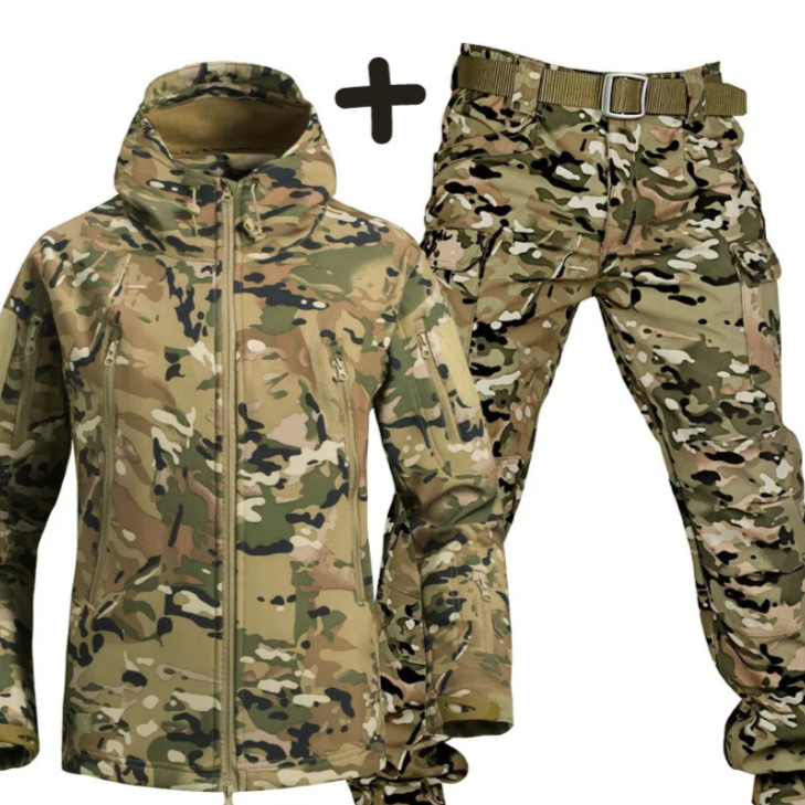 Stylish men's tactical hooded jacket and multi-pocket cargo pants, versatile for outdoor and utility fashion.