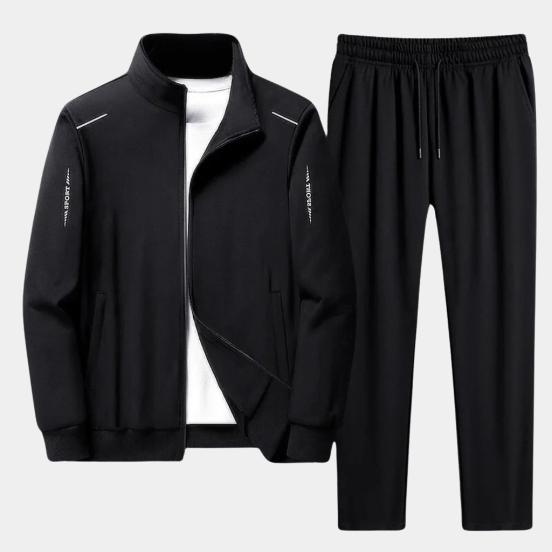 New men's activewear tracksuit set. Comfortable hoodie and sweatpants designed for athletic outfits and everyday casual.