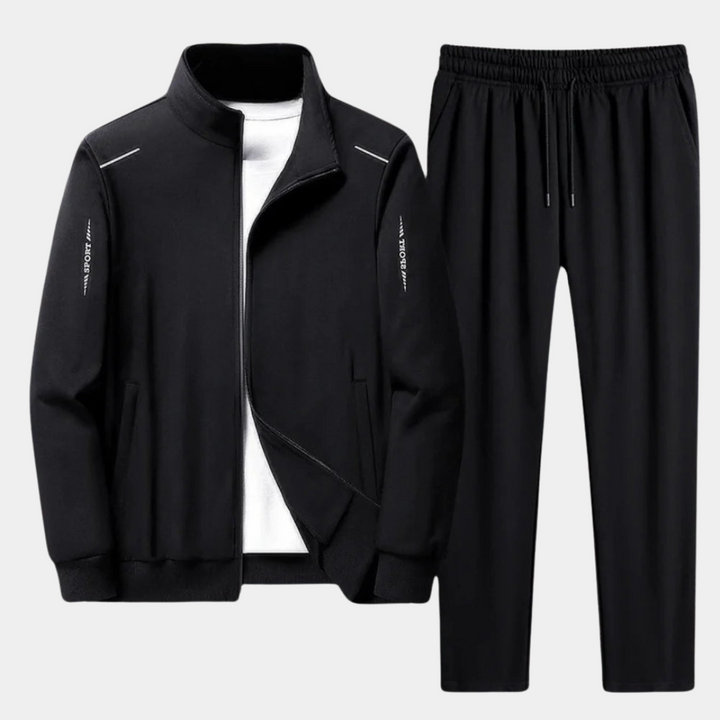 New men's activewear tracksuit set. Comfortable hoodie and sweatpants designed for athletic outfits and everyday casual.