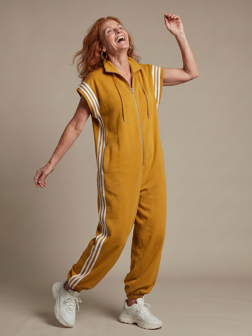 Plus size women's comfortable zip front jumpsuit, full length with stylish stripe panels.