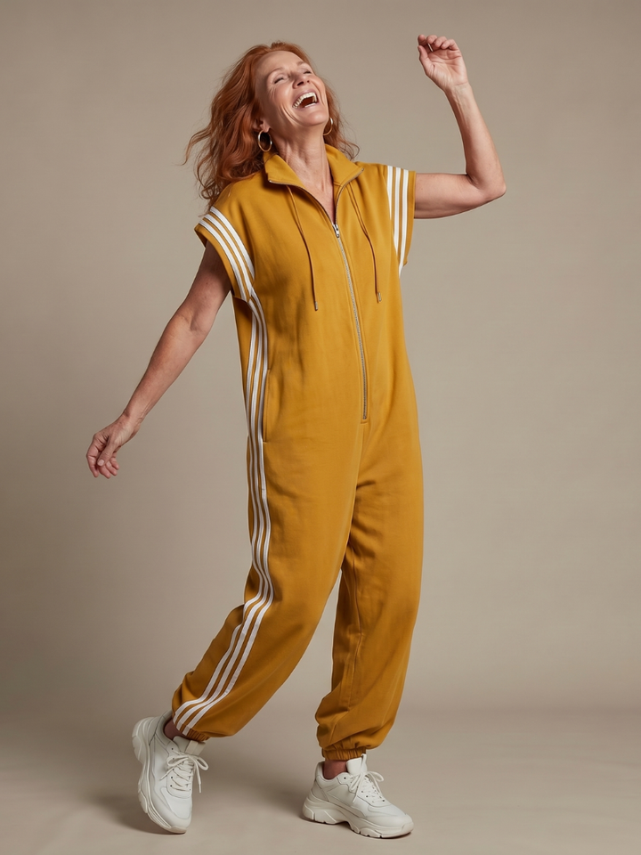 Plus size women's comfortable zip front jumpsuit, full length with stylish stripe panels.