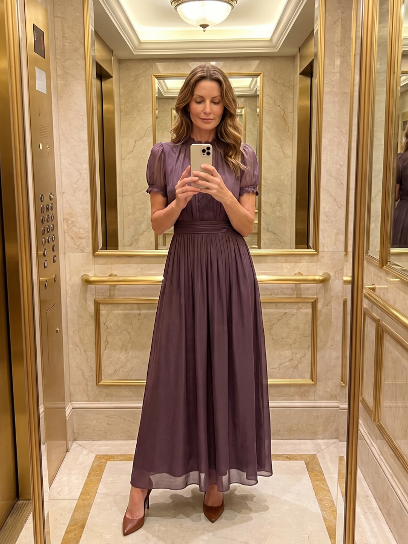 Comfortable and elegant women's purple maxi dress with a flowy skirt, keyhole accent, and gathered waist.