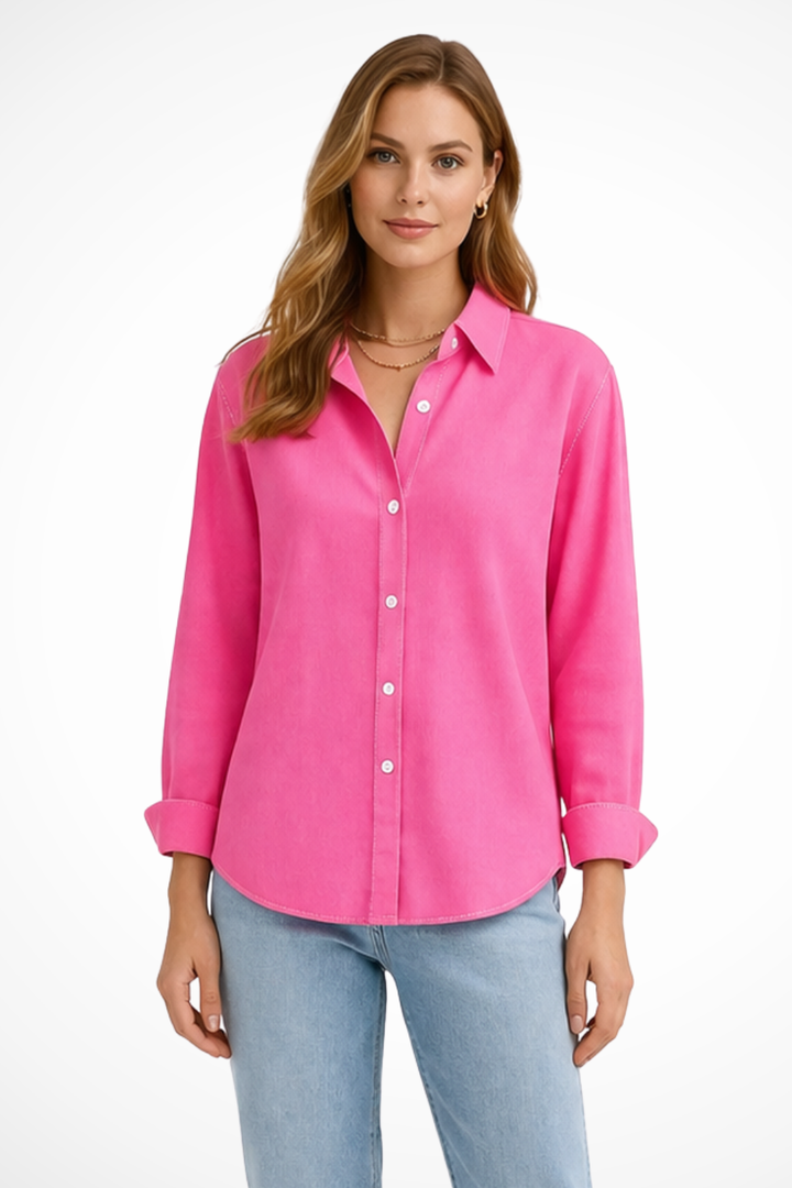 Women's relaxed fit long sleeve collared button down shirt, ideal for everyday casual or office wear.