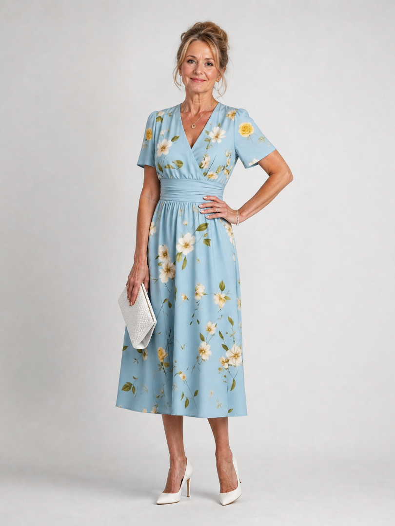 Chic V-neck women's midi dress with a vibrant floral print & short sleeves. Perfect casual summer attire.