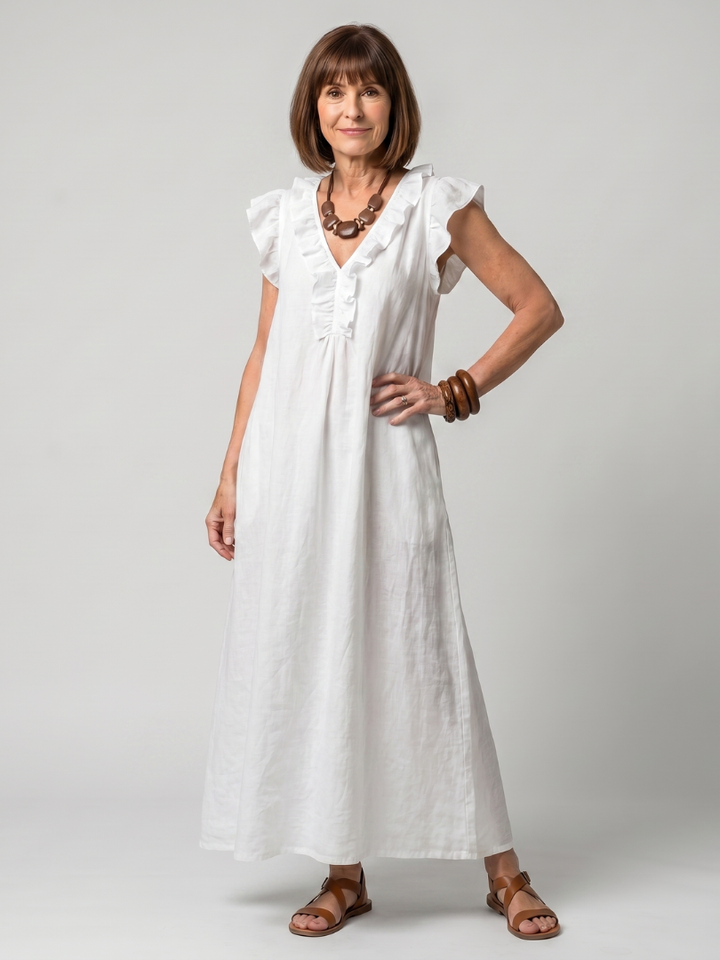 Versatile women's sleeveless midi dress, casual yet elegant, with ruffle trim for various occasions.