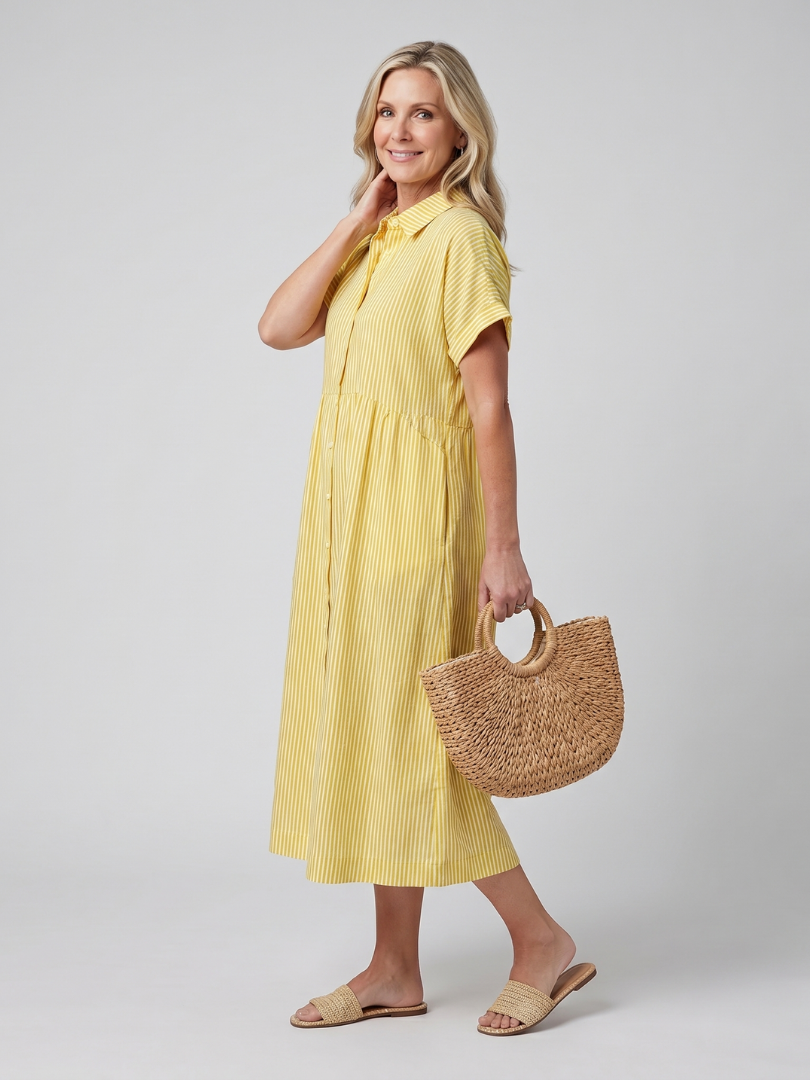 Stylish women's striped short sleeve button-front midi dress, a versatile piece for spring & summer.