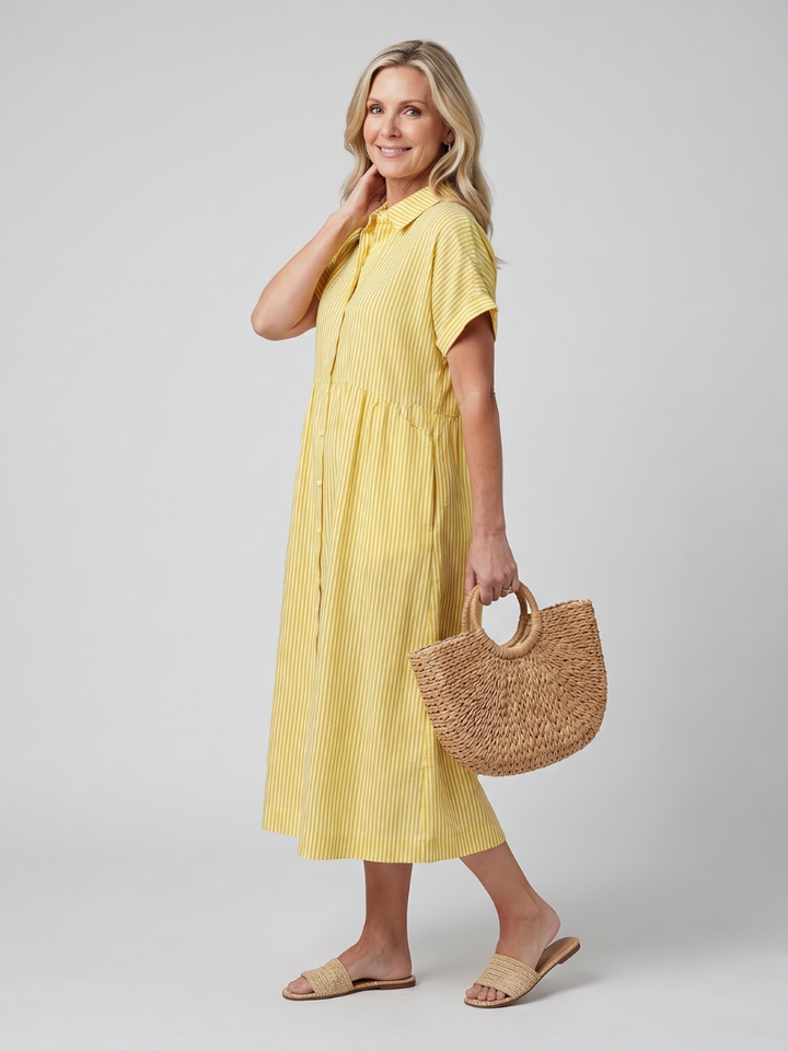 Stylish women's striped short sleeve button-front midi dress, a versatile piece for spring & summer.