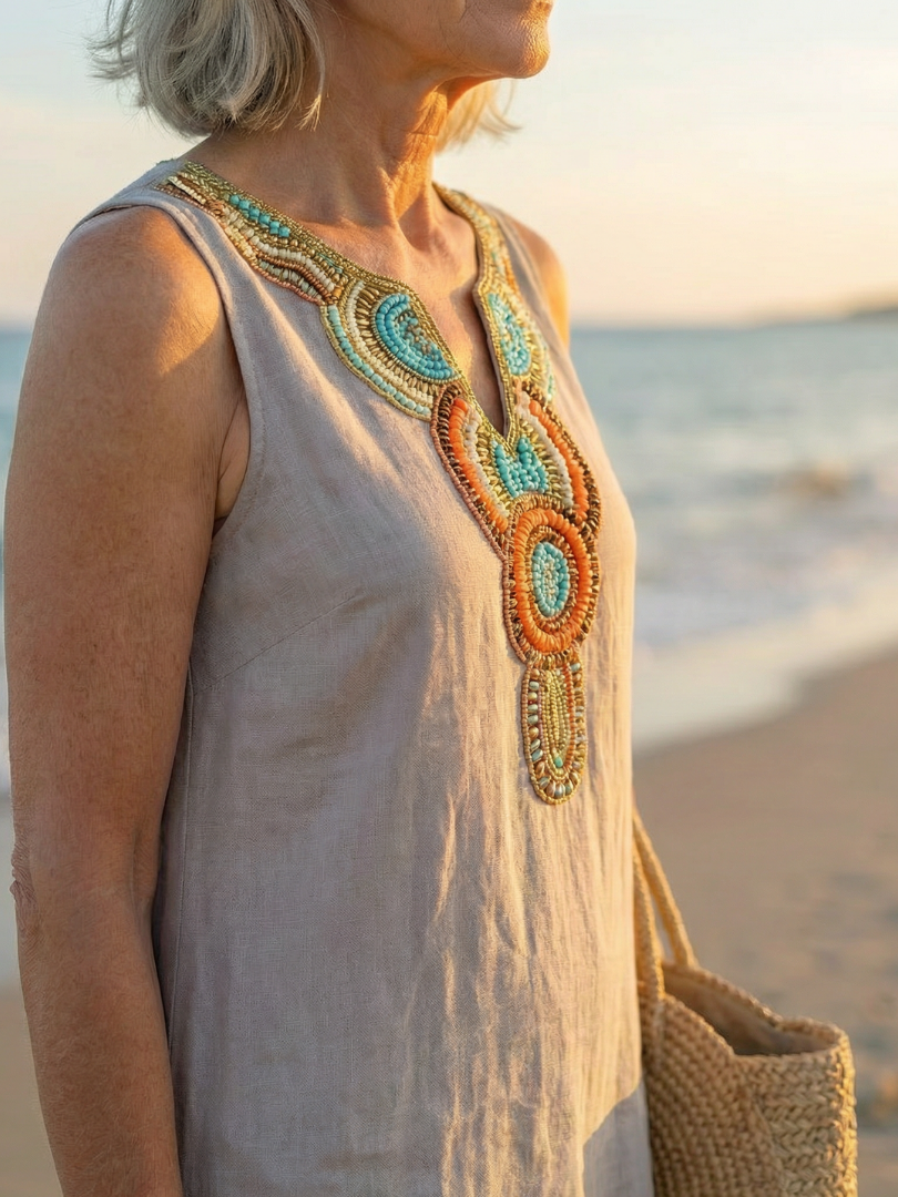 Sky blue sleeveless midi dress for women, featuring elegant white embroidery and a breezy, flowy fit.