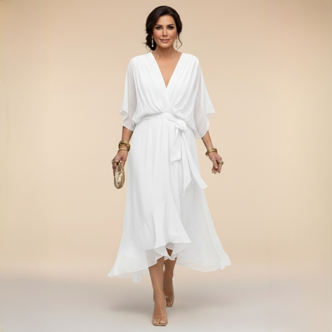 Sophisticated women's V-neck maxi dress with flowing sleeves, perfect for elegant evening & party events.