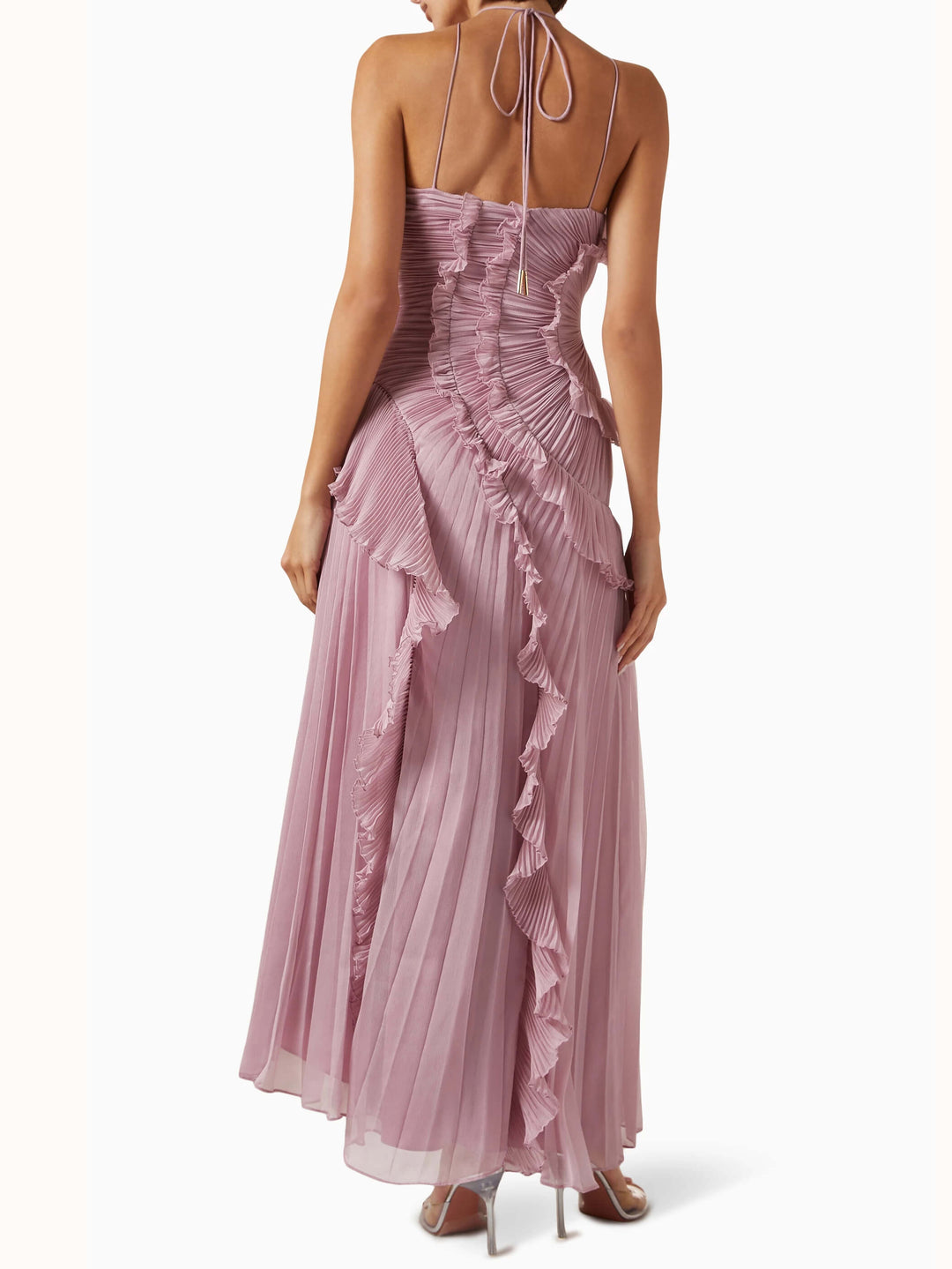 Versatile formal maxi dress, sleeveless & pleated, suitable for various evening parties.