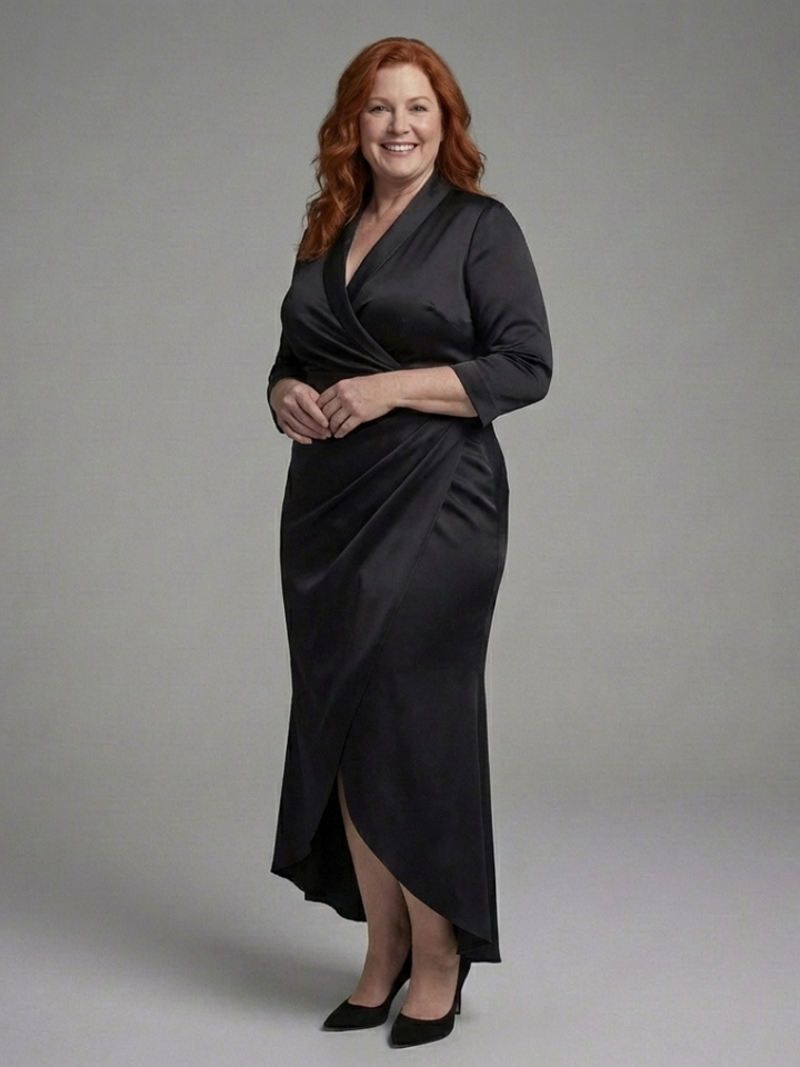 Stylish long sleeve wrap midi dress for women, elegant high-low design. Perfect for sophisticated evening events.