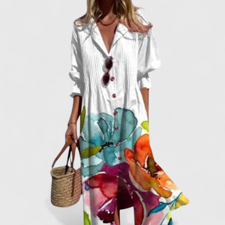 Vibrant women's summer boho dress, comfortable & chic, ideal for warm weather or versatile party wear.