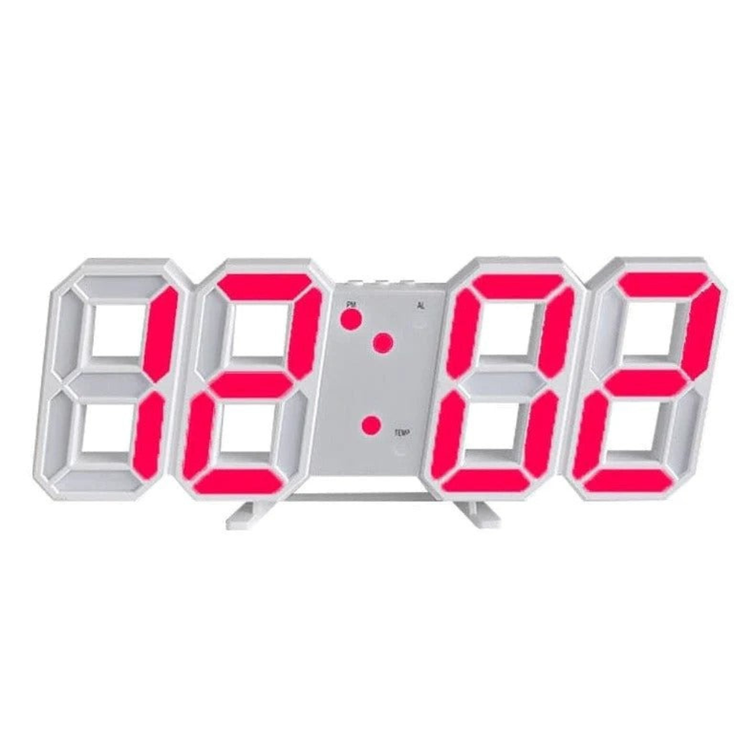 Minimalist LED wall clock, a smart futuristic display showing time, date, and temperature. Modern design.