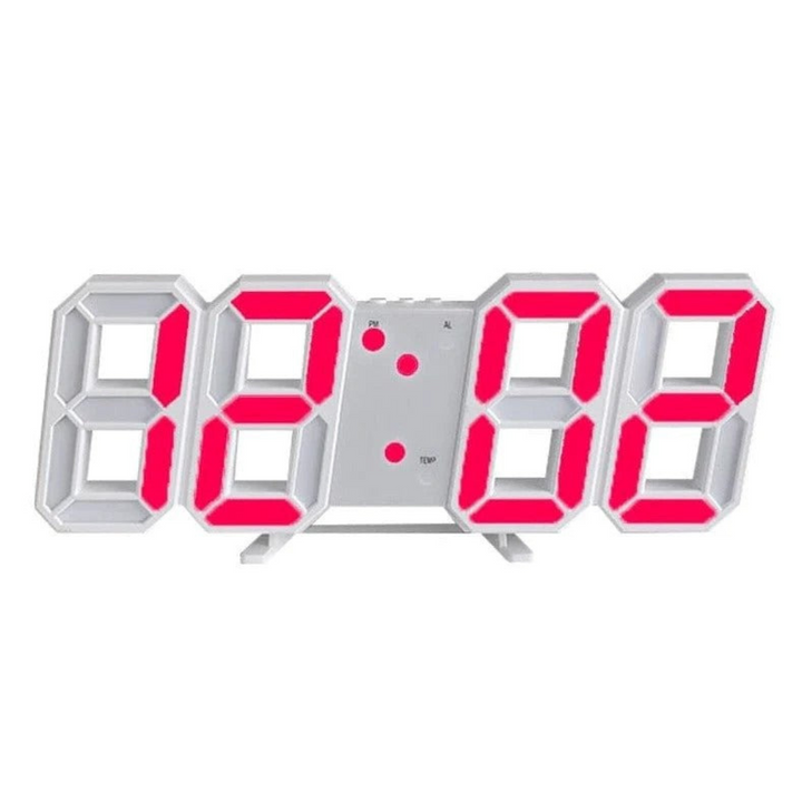 Minimalist LED wall clock, a smart futuristic display showing time, date, and temperature. Modern design.