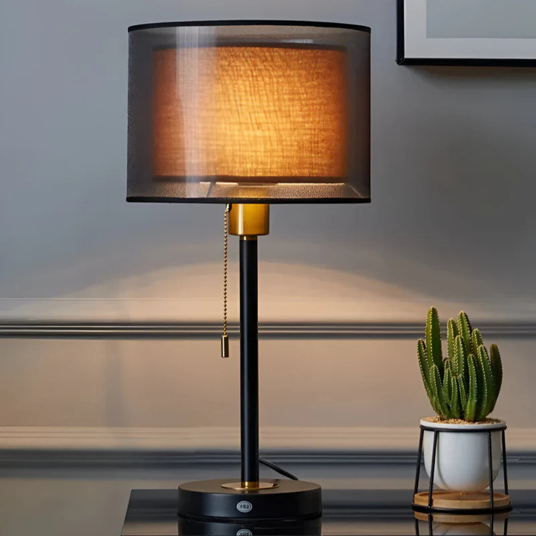 Vintage double fabric shade table lamp, perfect for warm ambient LED light in living rooms or bedrooms.
