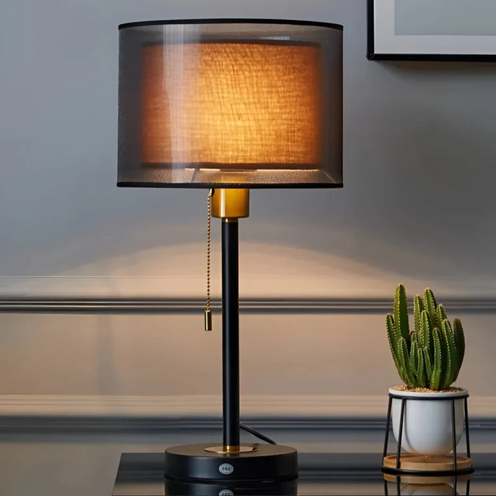 Vintage double fabric shade table lamp, perfect for warm ambient LED light in living rooms or bedrooms.