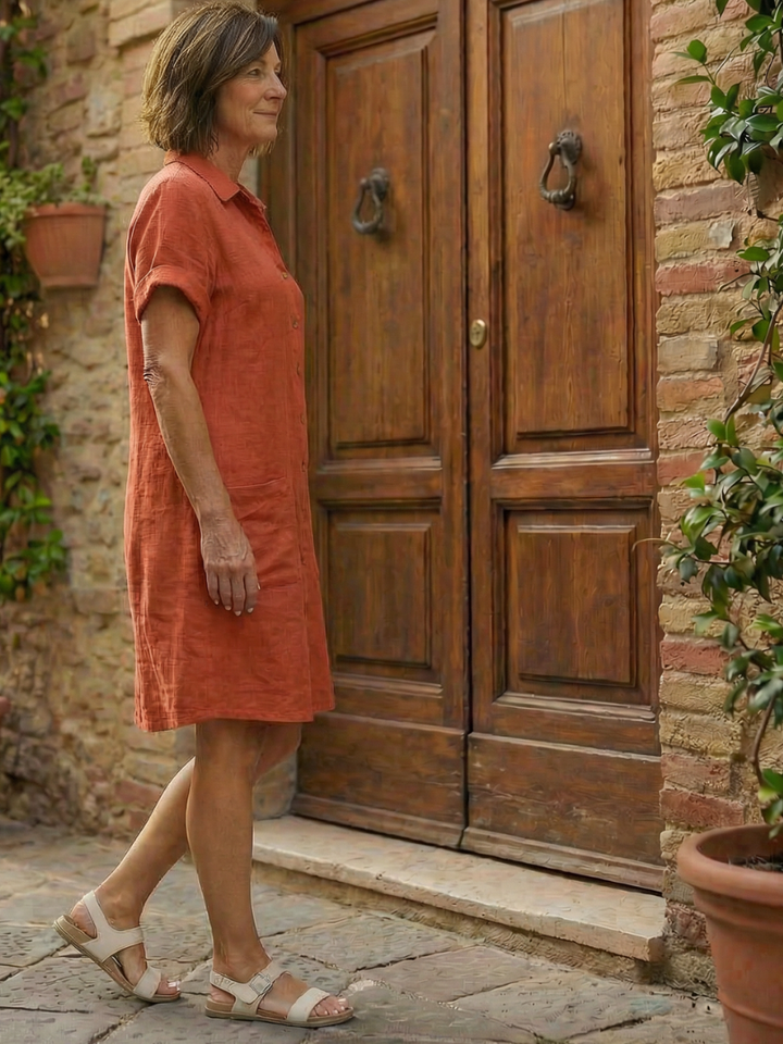 Everyday women's summer dress, relaxed fit, button-front, short sleeves, comfy & practical pockets.