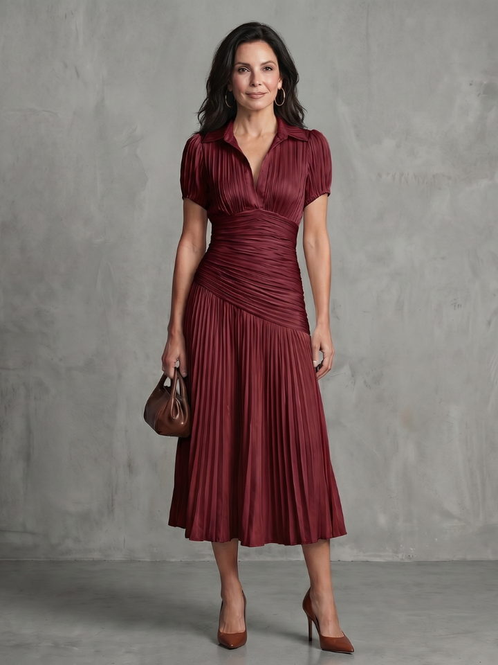 Women's summer midi dress, collared, with pleated waistline & stripes.