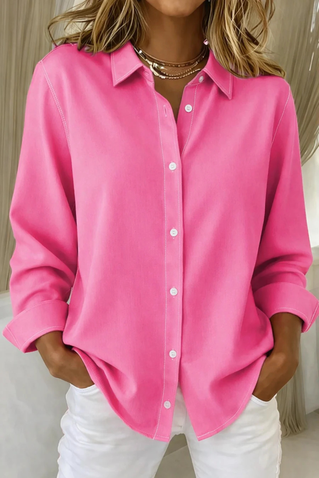 Chic women's relaxed fit button down long sleeve blouse, perfect for elegant casual and workwear style.