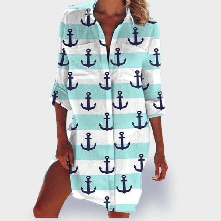 Colorful casual women's summer dress, lightweight and vibrant, perfect for vacation days.