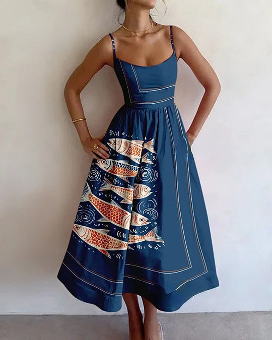 Elegant Women's Ocean Tide midi dress with a flowy coastal ocean print, perfect for summer vacation and resort wear.
