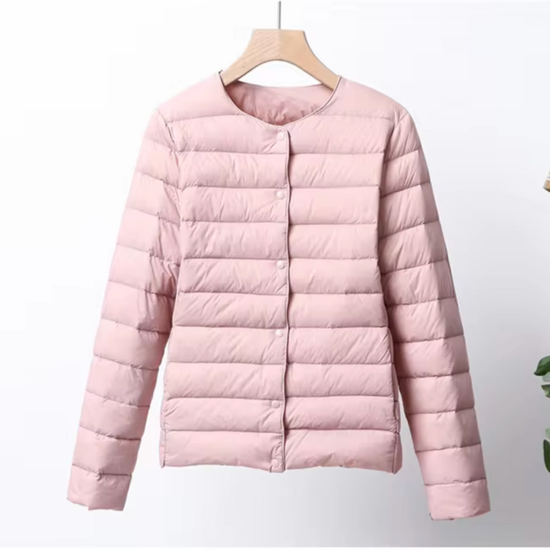 Versatile women's ultrathin puffer jacket. Lightweight, warm, and elegant outerwear for spring & fall comfort.