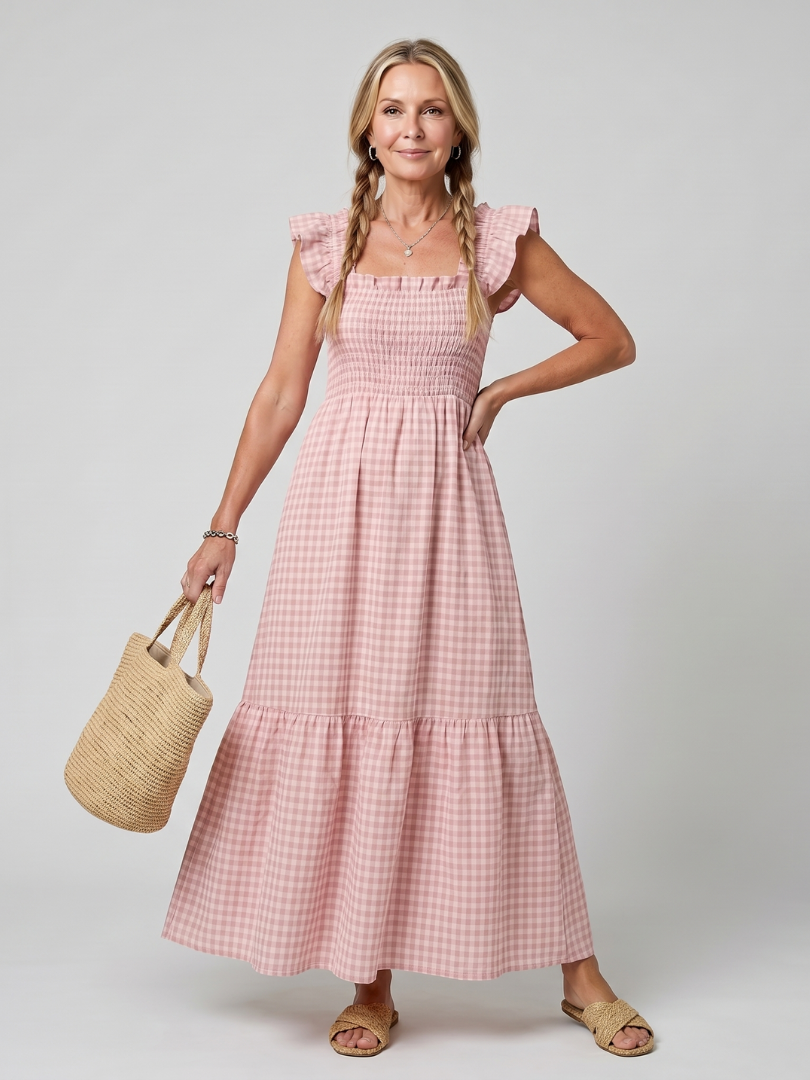 Summer women's smocked gingham midi dress, flowy and sleeveless, with a stylish square neck.