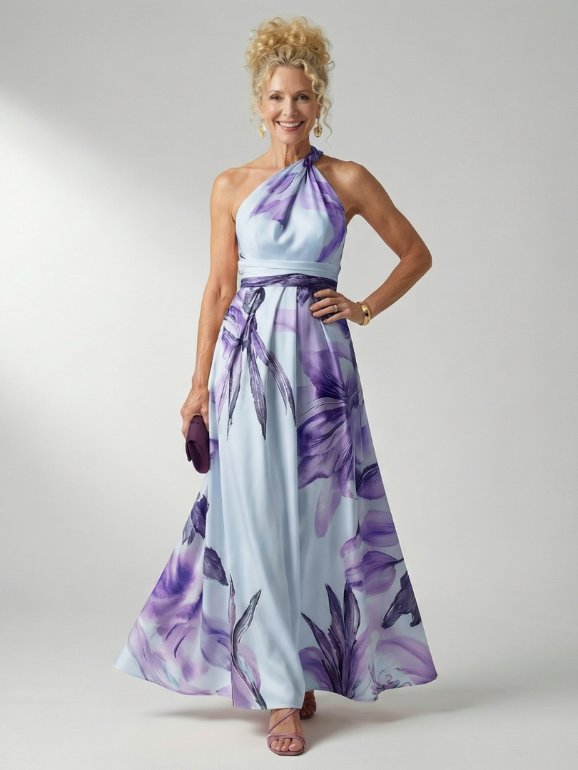 Summer-ready floral halter neck maxi dress for women. Flowing fabric, sleeveless, and stylish for any trip.